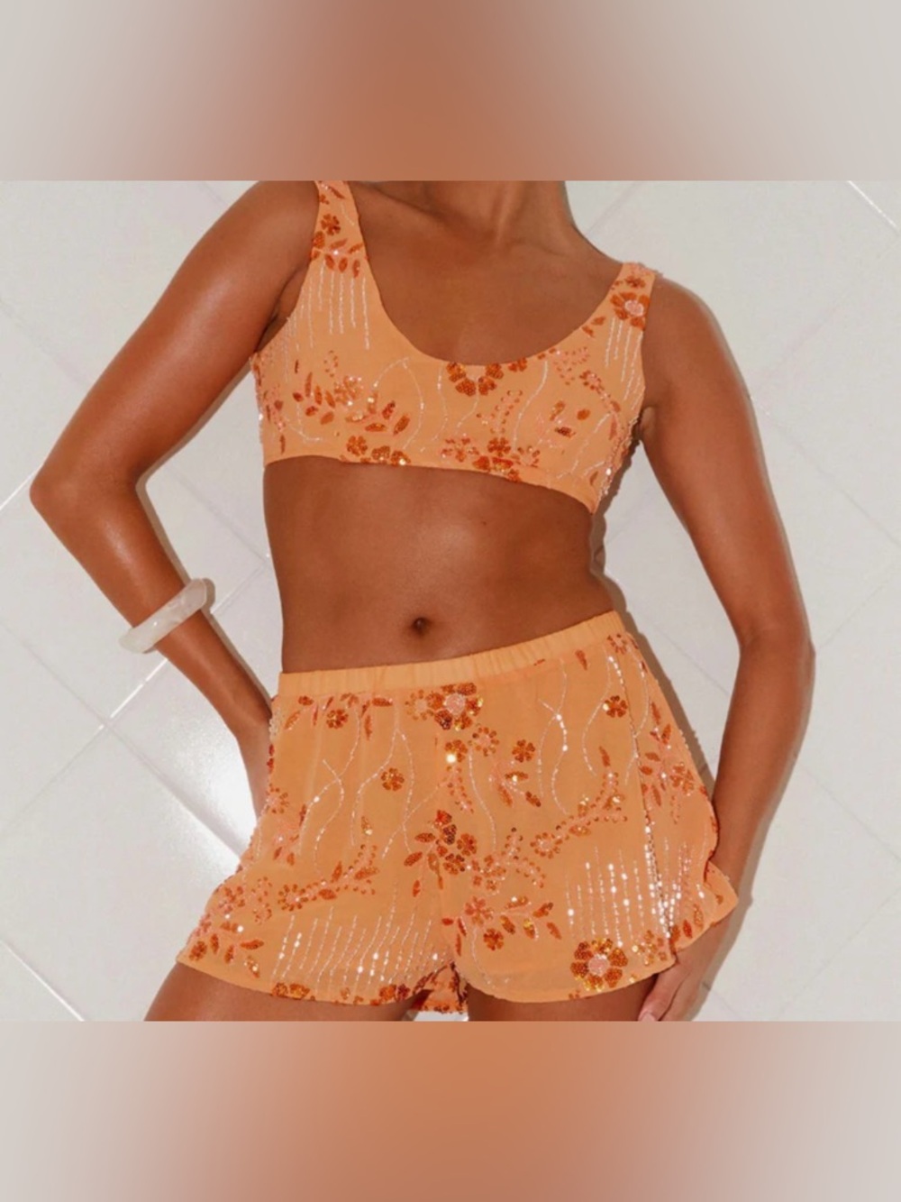 Peppermayo Orange Embellished Sequin Crop Bralette & Shorts Set